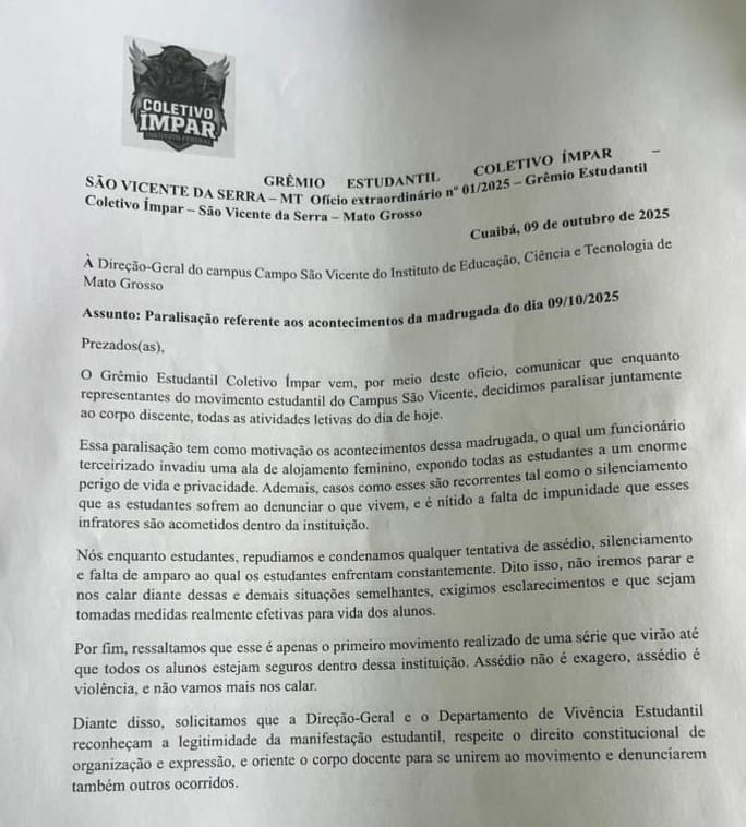 97fdb2d8-fc6a-4cc7-8e7e-0081fef7001c Protesto no IFMT: Grêmio Estudantil suspende aulas após invasão em alojamento feminino em Santo Antônio do Leverger